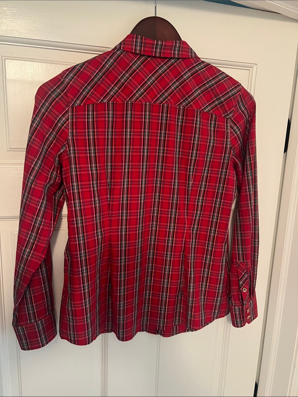 Talbots Red and Black with Gold Plaid Button-Front Shirt | Size 2 Petite - Picture 5 of 6